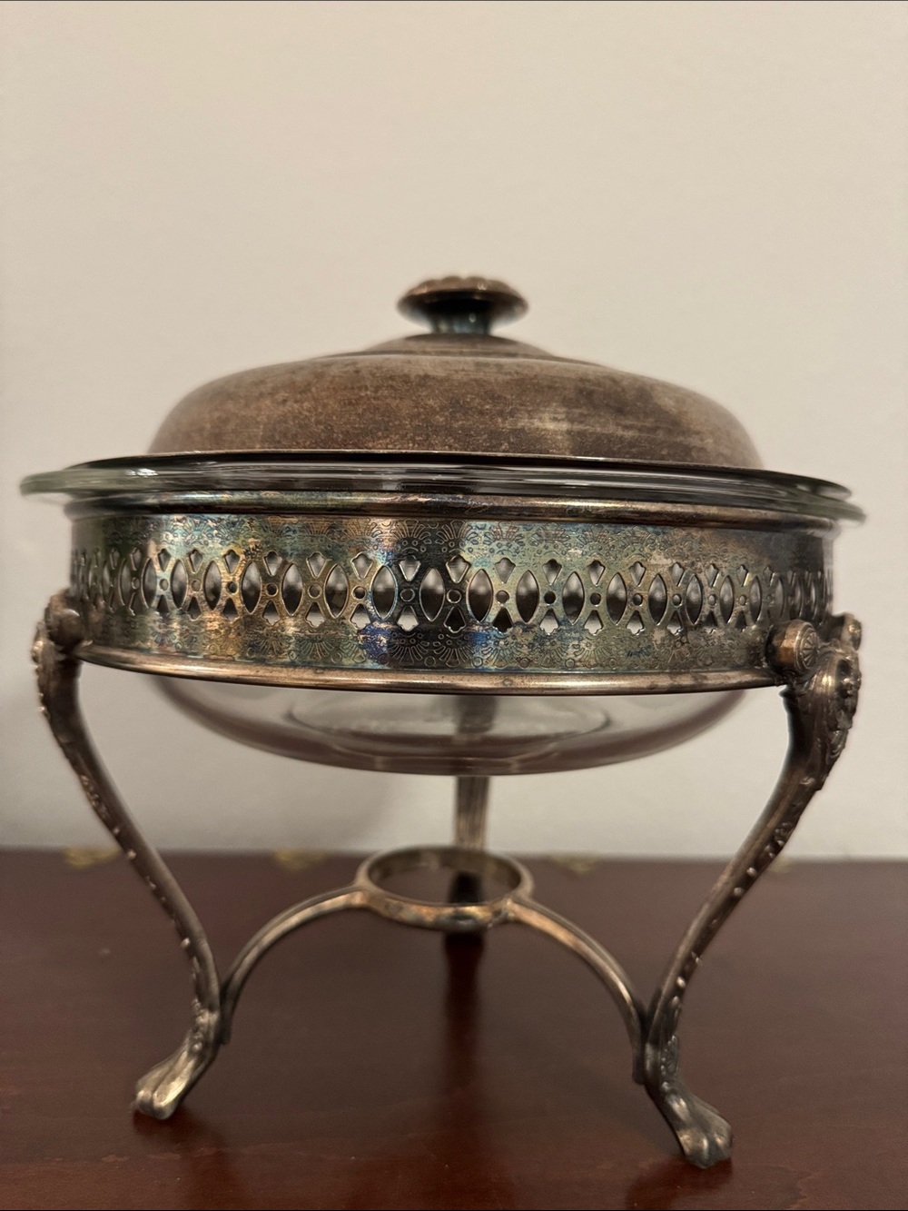 Vintage Silver Plated Covered Chafing Dish with Pyrex Insert